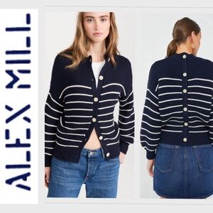 NWOT Alex Mill Button-Back Crewneck Sweater in navy Stripe XS